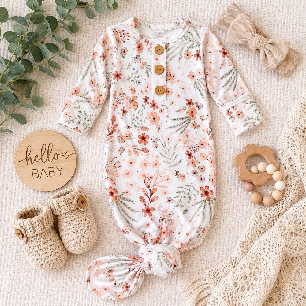 Caden Lane Floral Convertible Baby Gown Newborn 7-14lbs Pink Boho